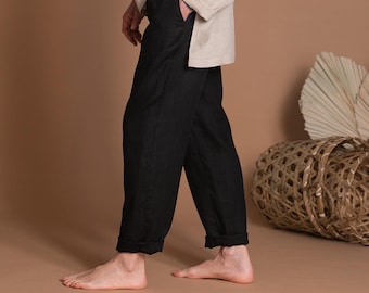 Men's Black Linen Pants YOSH, Custom Made Natural Flax Linen Trousers for Men, Petite, Plus Size, Tall, Made-To-Measure Men's Linen Clothing