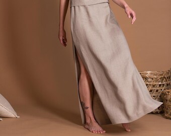 Natural Linen High Waisted Maxi Skirt With Side Slits DEKEL