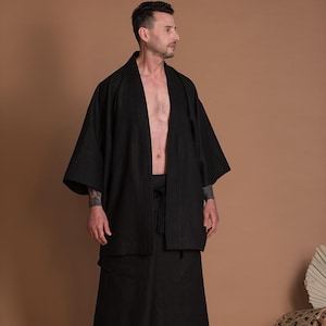 Black Linen Haori Japanese Kimono Jacket for Men image 4