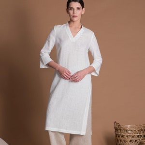 Slim Fit Linen Tunic With Sleeves VICTORY White Summer Flax Linen Clothes For Women Petite, Regular, Plus Size, Tall Custom Made Top image 1