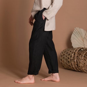 Men's Black Linen Pants YOSH, Custom Made Natural Flax Linen Trousers for Men, Petite, Plus Size, Tall, Made-To-Measure Men's Linen Clothing