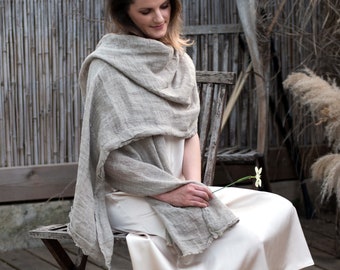 Long Coarser Linen Scarf, Soft Natural Flax or Ivory Open-Weave Wrap for Men and Women