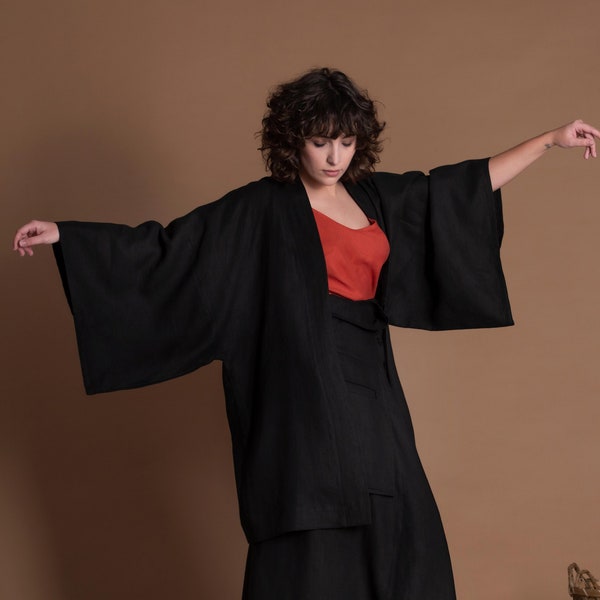 Black Linen Haori Jacket for Women,  Japanese Kimono Coat