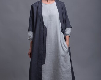 Outfit - 3 pieces - Linen Kaftan URSA + Linen Dress NIKA + Long Linen Underdress OLA, Washed Linen Women Clothing, Flax Lagenlook Plus Size