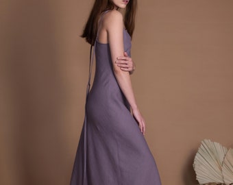 Linen Slip Dress in Bias Cut with Spaghetti Straps VERED