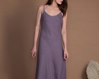 Linen Sundress VERED, Bias Cut Maxi Slip Dress