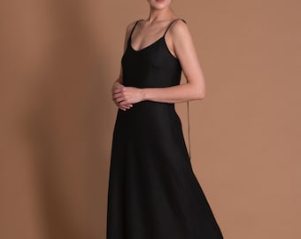 Black Linen Slip Dress in Bias Cut with Spaghetti Straps VERED