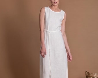 White Linen Everyday Dress ISHA with Side Slits and Belt