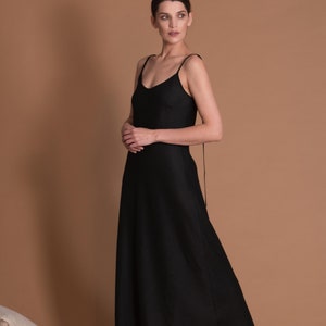 Black Linen Slip Dress in Bias Cut with Spaghetti Straps VERED image 1