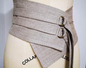 Women's Linen Belt Corset with Ties | Fabric Wide Obi Sash | Natural Flax Waspie