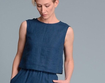 Linen V-Back Tank Top, European Flax, Minimalist Crop
