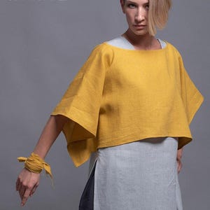 Linen Crop Top for Women, Oversized Lagenlook Blouse, Wide Fit Natural Flax Shirt, Boxy Summer Layer, Petite Plus Size Minimalist Clothing