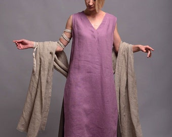 KENI Linen Tunic Dress, Long Tank Top Loose Fitting Oversized Sleeveless Plus Size Pink Blouse, Larp Medieval Viking Fantasy Celtic Tunic