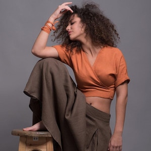 Linen Wrap Top for Women, Adjustable Tie Front Choli Blouse, Soft Natural Flax Shirt, Tribal Fusion Wrap Around Crop Top, Handmade Clothing