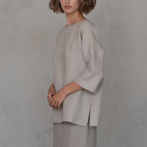 Loose Linen Top for Women with 3/4 Length Sleeves, Soft Washed Flax Blouse, Minimalist Natural Clothing,  Plus Size Handmade Relaxed Shirt