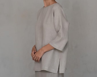 Loose Linen Top, Women's 3/4 Sleeve Flax Blouse, Plus Size Clothing