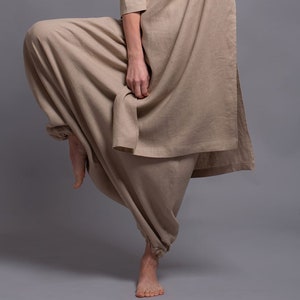 Linen Skirt-Like Pants for Women with Pockets, Wide Leg Drape Pants, Drop Crotch Loose Fit Trousers, Handmade Soft Flax Natural Clothing