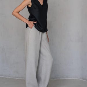 Casual Linen Pants for Women, Straight Leg Trousers with Pockets, Elastic Waist Flax Pants, Minimalist Summer Clothing, Plus Size Handmade
