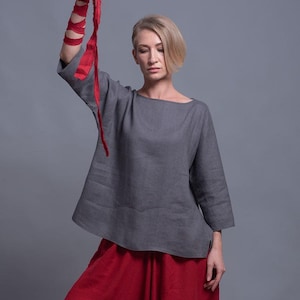 Gray Linen Blouse for Women with Long Sleeves, Soft Washed Flax Shirt, Relaxed Fit Natural Fiber Top, Plus Size Handmade Minimalist Clothing
