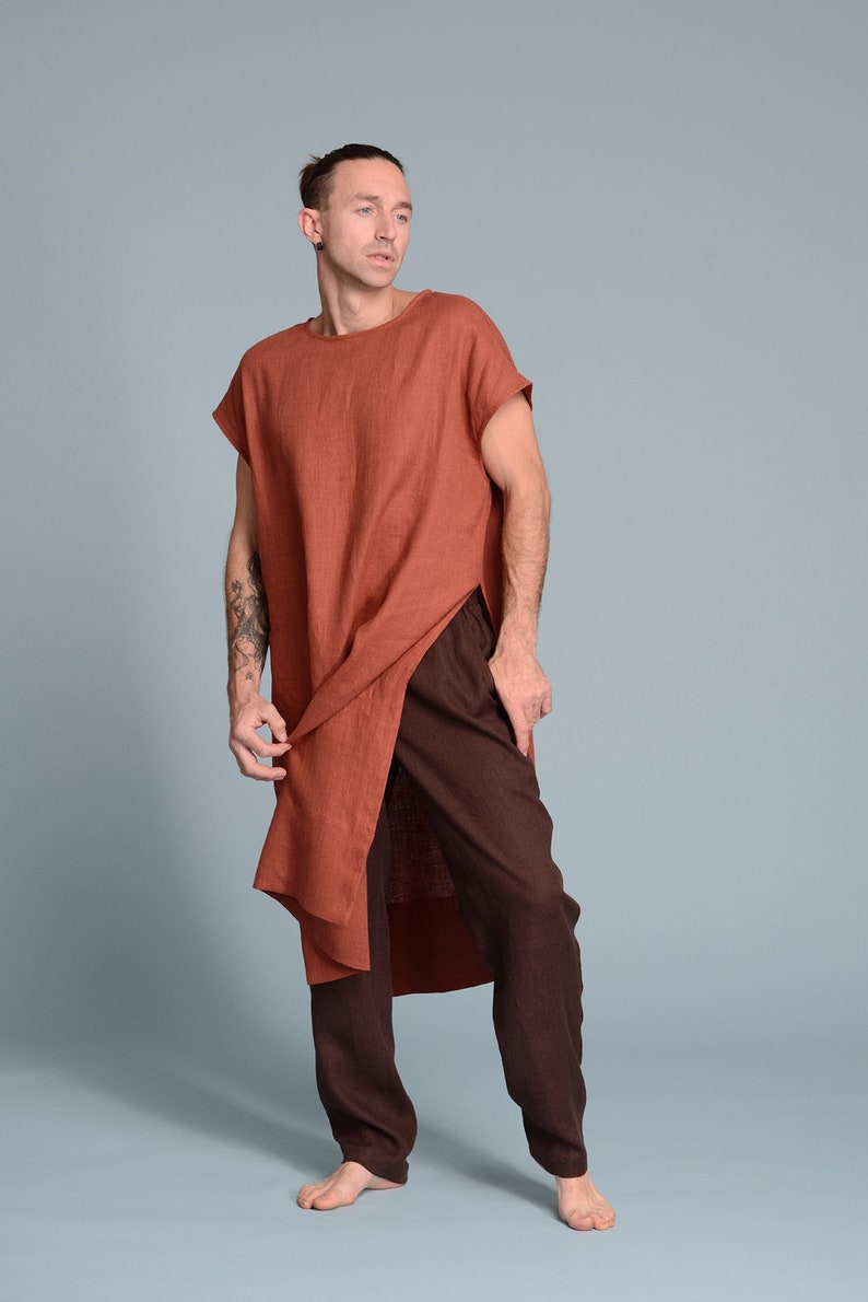 SANGA Men's Long Linen Tunic High Slits Loose Flax - Etsy