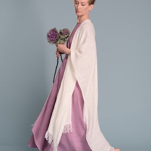 BOHO Open-Weave Linen Cape, Women's Lagenlook Fringe Kimono Cardigan, Bohemian Rustic Wedding White Poncho Cover-Up, Long Flax Shawl Wrap image 5