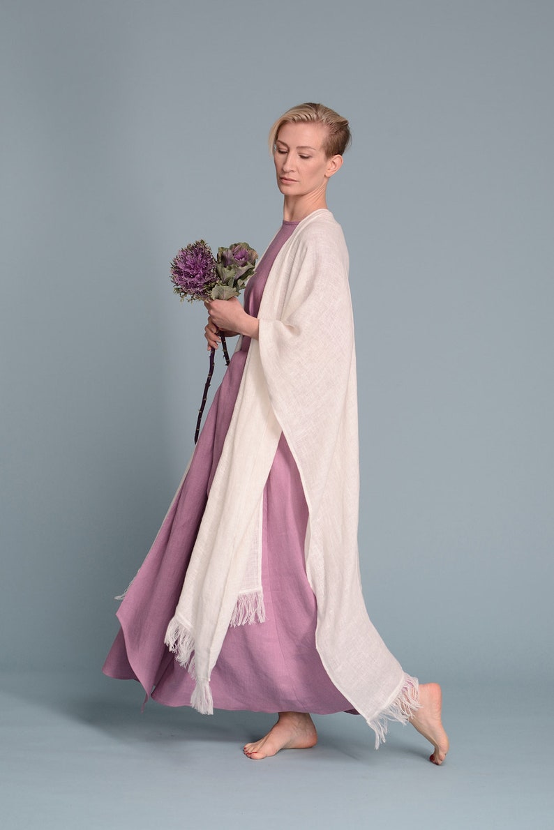 BOHO Open-Weave Linen Cape, Women's Lagenlook Fringe Kimono Cardigan, Bohemian Rustic Wedding White Poncho Cover-Up, Long Flax Shawl Wrap image 5