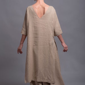 MIRA Linen Tunic Dress for Women, Asymmetrical Maxi Flax Top Shirt with Long Sleeve and Open Back, Loose Backless Oversized Tunic, Plus Size image 4