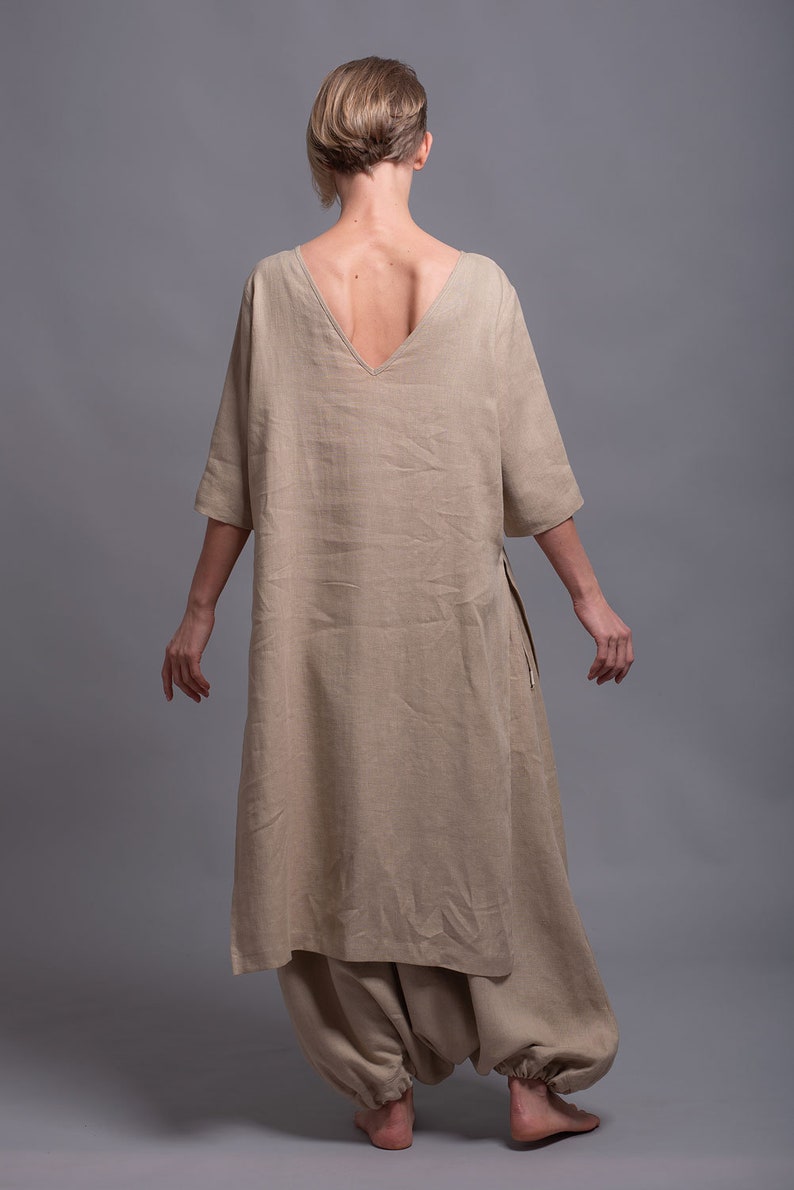 MIRA Open Back Tunic Top, Natural Linen Midi Loose Fitting Oversized Shirt with Long Sleeve, Flax Everyday Tunic Plus Size Vegan Clothing image 6