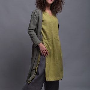 Long Linen Jacket TOLLO with a Belt, Long sleeves Flax Cardigan, Green Summer Natural Linen Blazer, Women Linen Clothing, Lagenlook Boho Set image 4
