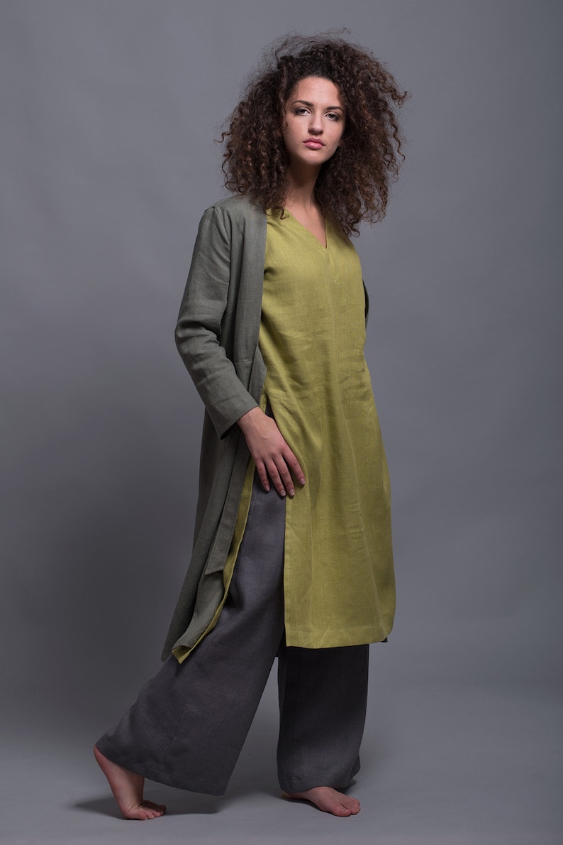 Chaqueta de lino largo TOLLO con cinturón, manga larga Flax Cardigan, Blazer de lino natural de verano verde, ropa de lino para mujer, Conjunto Boho Lagenlook imagen 4