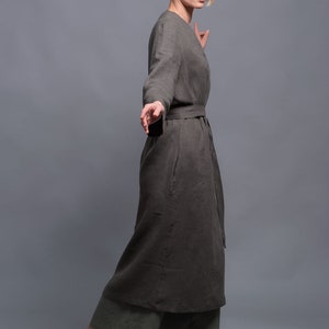 Linen Wrap Kimono Dress ADAME, Washed Linen Cardigan, Long Jacket, Ladies Flax Coat, Long sleeve, Side Pockets, Petit Plus Size, 31 colors image 2