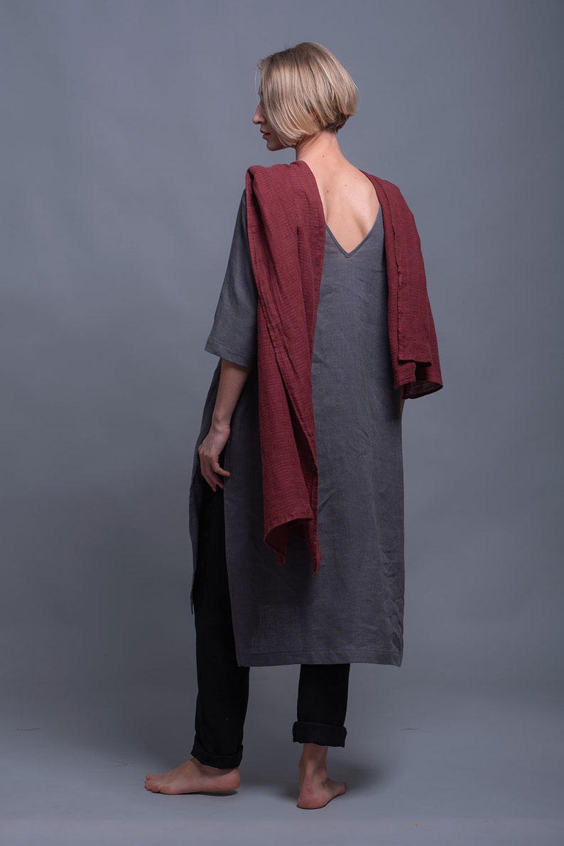 MIRA Linen Tunic Dress for Women, Asymmetrical Maxi Flax Top Shirt with Long Sleeve and Open Back, Loose Backless Oversized Tunic, Plus Size image 7