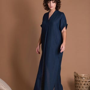 Blue Linen Maxi Dress, V-Neck Summer Kaftan with Pockets image 6