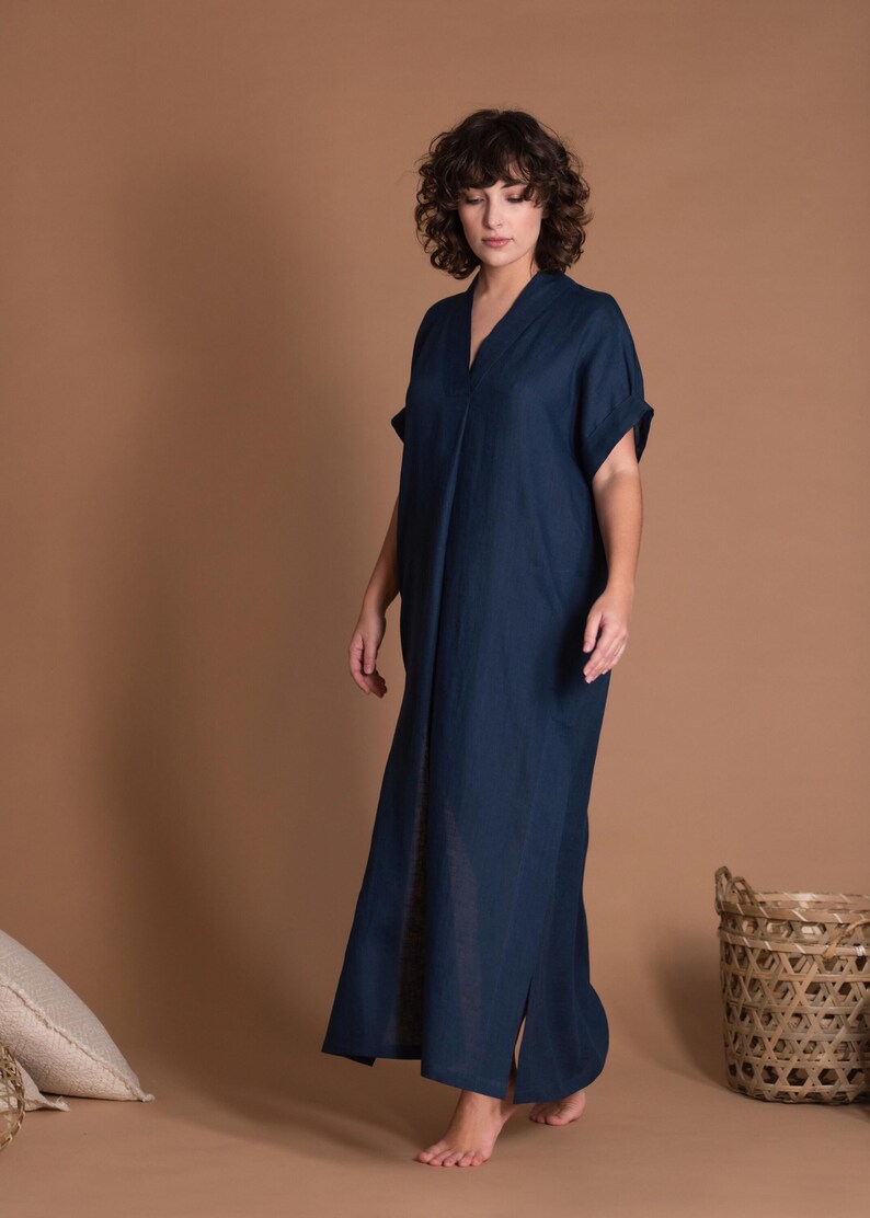 Blue Linen Maxi Dress, V-Neck Summer Kaftan with Pockets image 6