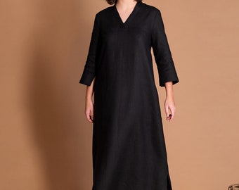 Black Linen Dress with 3/4 Sleeve MIDBAR | Custom Made Women's V-neck Galabeya | Natural Flax Long Galabia | Jellaba |