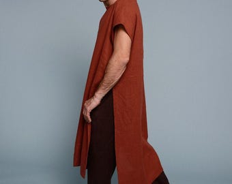 Men's Long Linen Tunic – High Slit Short Sleeve Flax Shirt