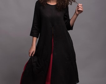 Black Linen Tunic Dress, Long Loose Fit Flax Shirt, Handmade