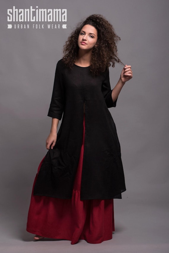 Black Linen Tunic Dress, Long Loose Fit Flax Shirt, Handmade
