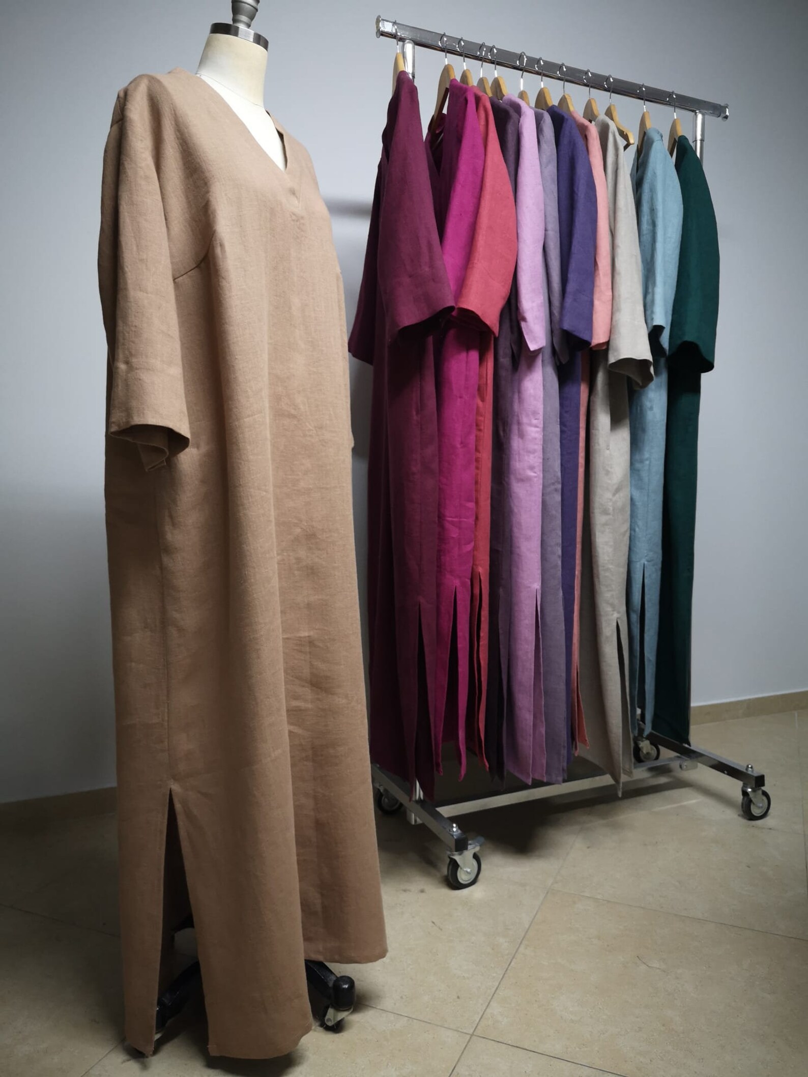 Camel Linen Dress With 3/4 Sleeve MIDBAR Size 3XL | Custom Made Women's ...