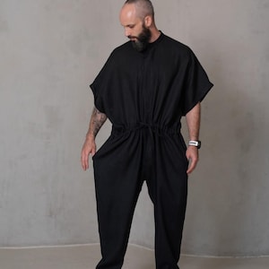 mens linen jumpsuit black one piece outfit