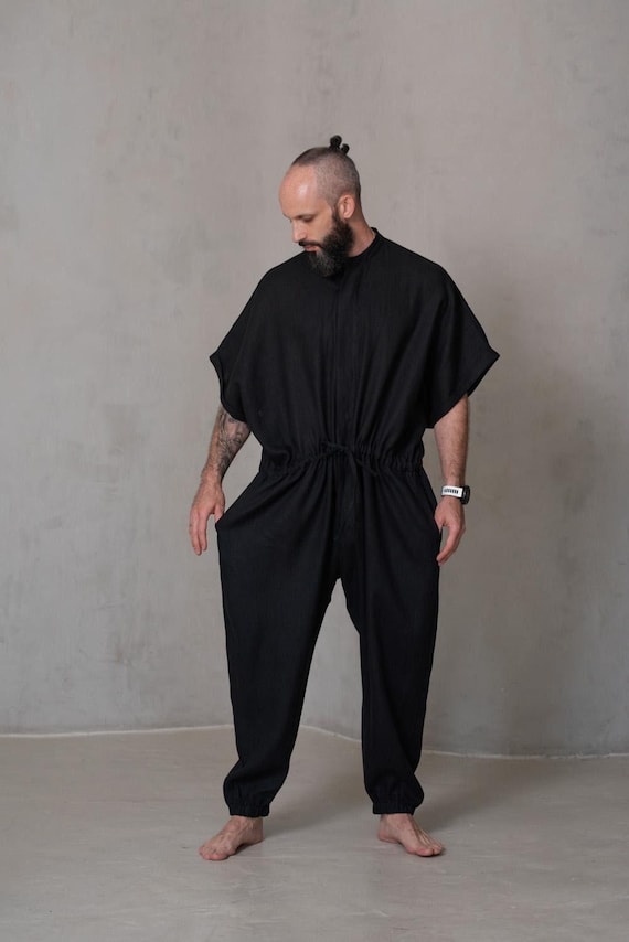 Men's Linen Jumpsuit – Custom-Made One-Piece with Waist Tie and Elastic Cuffs