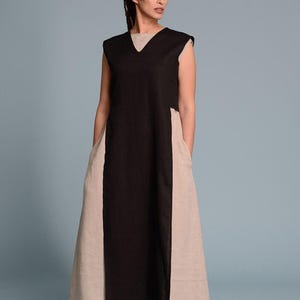 Top tunique en lin noir, col en V sans manches, taille Lagenlook personnalisée image 7