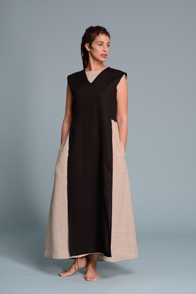 Top tunique en lin noir, col en V sans manches, taille Lagenlook personnalisée image 7