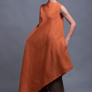 Asymmetrical Linen Tunic Dress, Sleeveless Long Flax Dress with Pockets, Lagenlook Summer Dress, Minimalist Linen Clothing, Plus Size Outfit