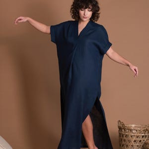 Blue Linen Maxi Dress, V-Neck Summer Kaftan with Pockets image 5
