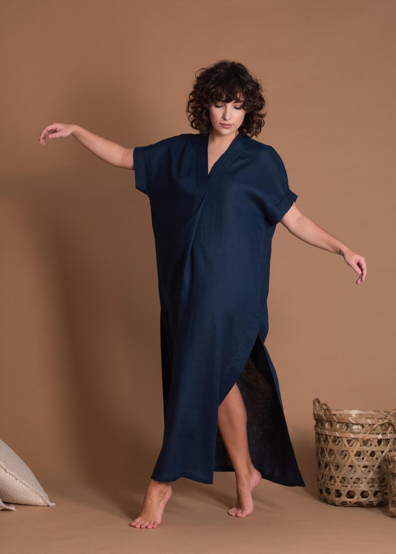 Blue Linen Maxi Dress, V-Neck Summer Kaftan with Pockets image 5