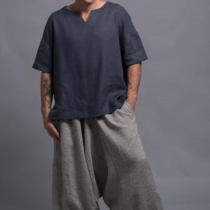 Minimalist linen t shirt for men, loose fit breathable linen top