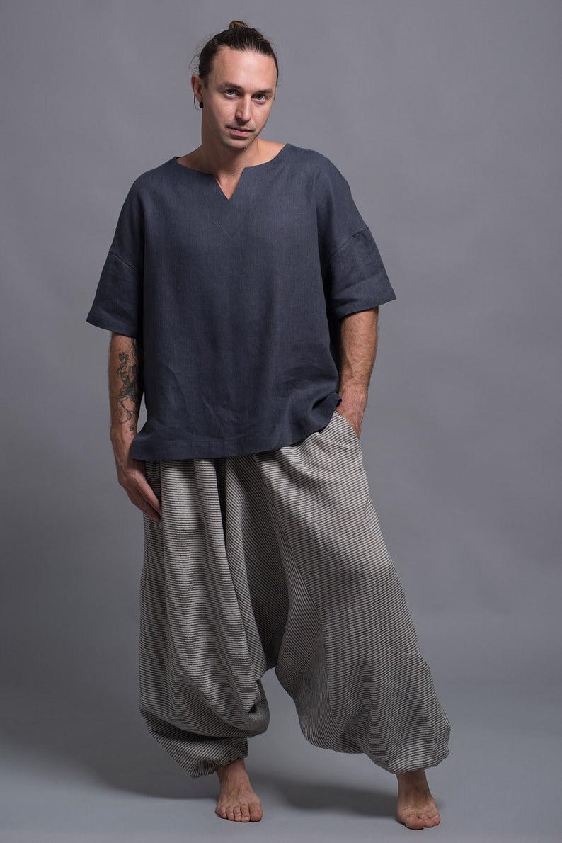 Minimalist linen t shirt for men, loose fit breathable linen top
