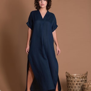Blue Linen Maxi Dress, V-Neck Summer Kaftan with Pockets image 1
