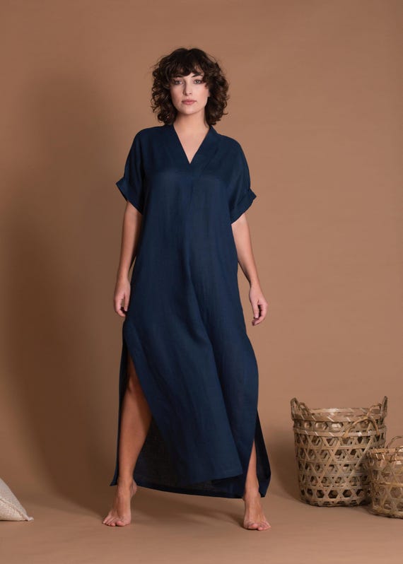 Blue Linen Maxi Dress, V-Neck Summer Kaftan with Pockets
